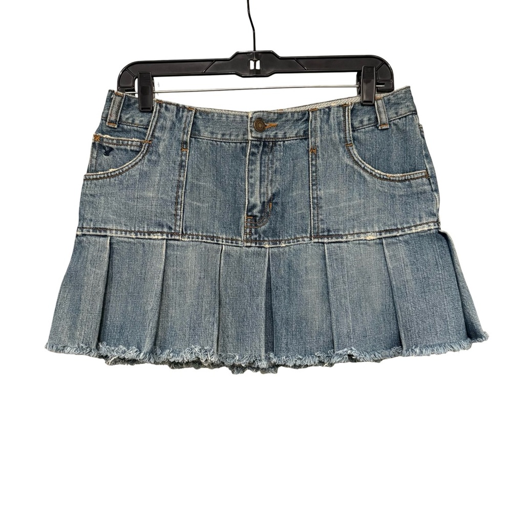 Y2k American Eagle Distressed Micro Denim Pleated Mini Skirt Fringe Hem, Sz 6
